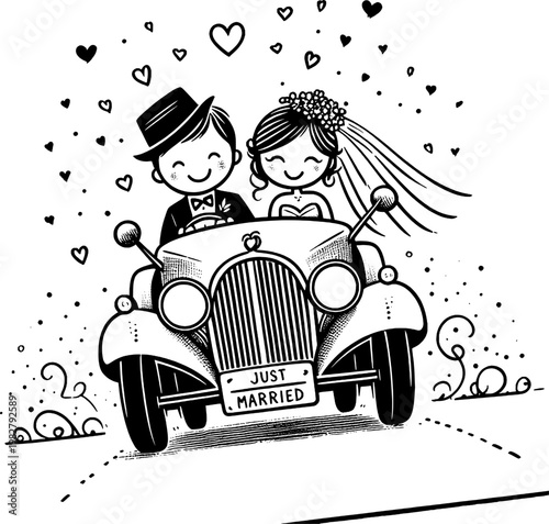 Love Ride: A charming cartoon depicts a newlywed couple embarking on their journey of a lifetime in a vintage car, surrounded by hearts and joy, celebrating the beginning of their shared adventure.