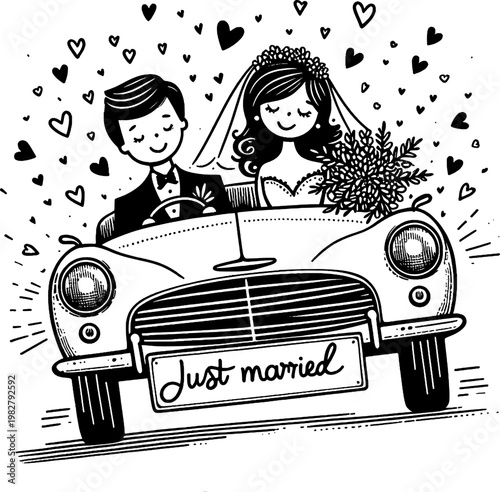 Love's First Drive: Newlyweds begin their journey together, joyfully driving off in a classic car, surrounded by the sweet symbols of love. 