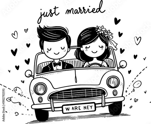 Just Married Joyride: A whimsical illustration depicts a newlywed couple embarking on their exciting journey together in a classic car, brimming with love and anticipation.