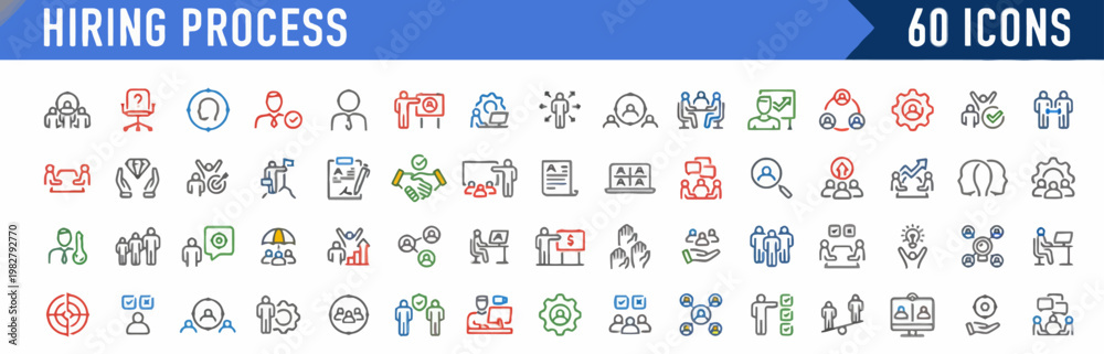 Fototapeta premium Collection of 60 icons representing the hiring process, recruitment, and human resources management