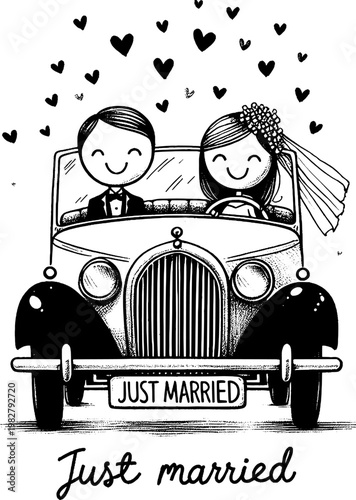 Newlyweds' Joyride: A charming illustration depicts a gleeful bride and groom embarking on their new journey, riding in a classic car, surrounded by floating hearts, celebrating a fresh start.