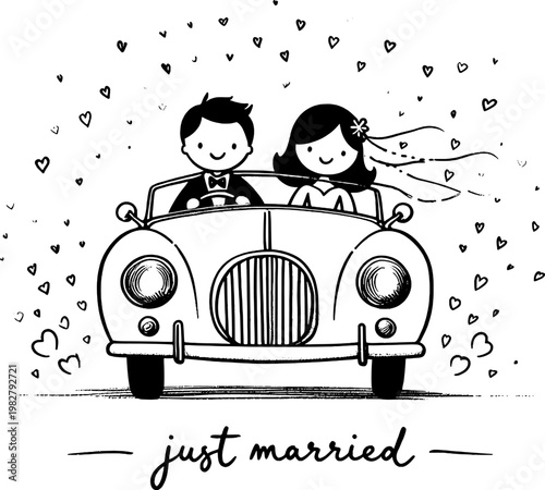 Joyride to Forever: Charming cartoon couple embarks on a joyful journey in a vintage car, surrounded by hearts, celebrating their union and the beginning of their happily-ever-after. 