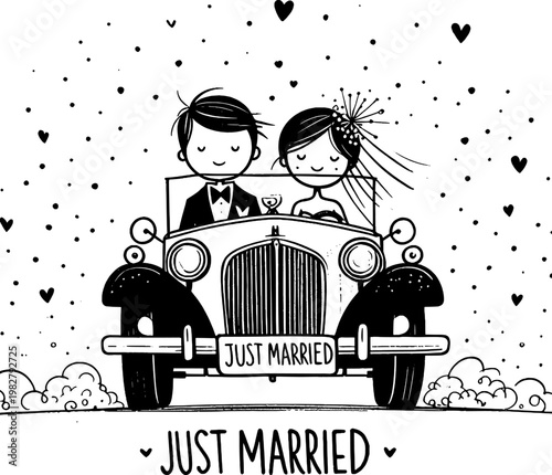 Wedding Car Illustration: A charming illustration depicts a newlywed couple in a classic car, driving off into their happily ever after, with hearts floating in the air.