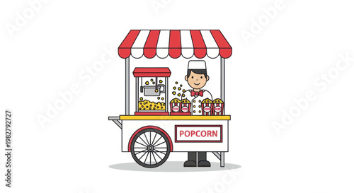 Happy Vendor Selling Popcorn from Cart with Red Striped Awning