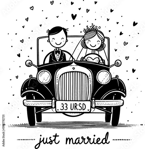 Charming Wedding Car: Newlyweds begin their journey together in a classic car, surrounded by the sweet symbols of love. The vintage vehicle carries the happy couple toward their shared future.