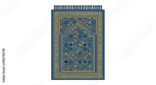Islamic Prayer Rug: Blue Floral Design with Gold Accents and Tassels