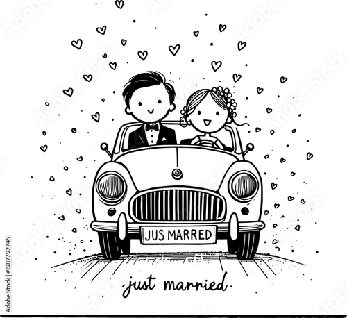 Just Married: A charming cartoon couple embarks on a new chapter in their lives, driving away in a vintage car, surrounded by hearts, symbolizing their joyous journey together.