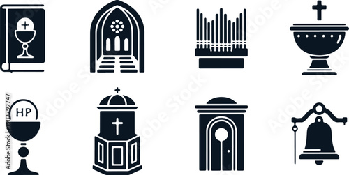 Religious interior elements icons including bible organ pulpit and confessional furniture.