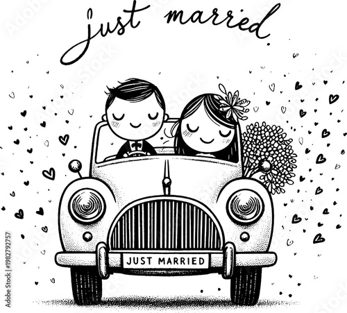 Just Married Illustration: A charming, hand-drawn illustration captures the pure joy and excitement of a newlywed couple embarking on their journey together in a classic car.
