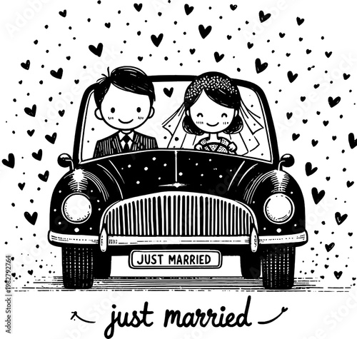 Just Married Couple: A charming illustration depicts a newlywed couple in their classic car, happily embarking on their journey together, with hearts floating in celebration. 