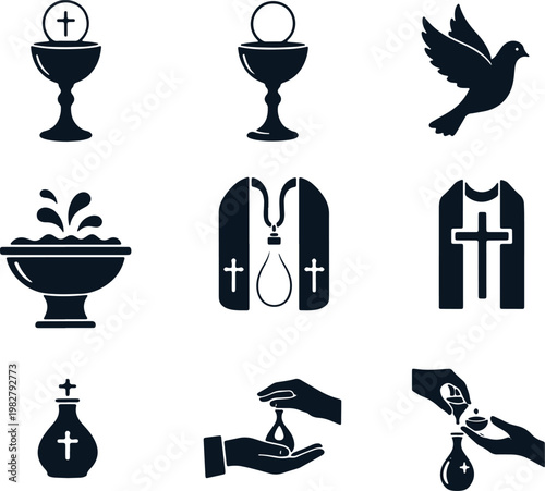 Sacramental objects icon set featuring chalice holy water oil and liturgical vestments art.