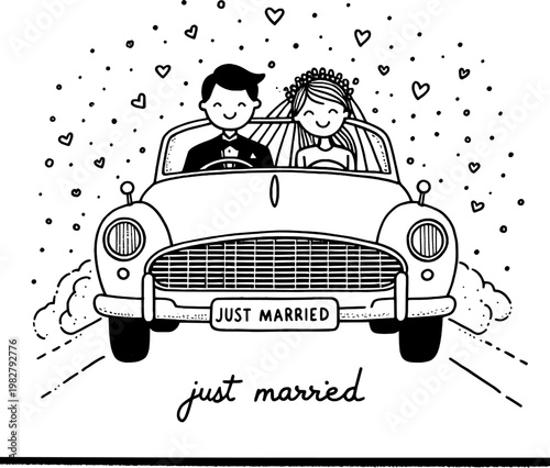 Wedding Day Delight: Newlyweds embark on their journey of love in a charming vintage car, marked by the sweet inscription of Just Married.