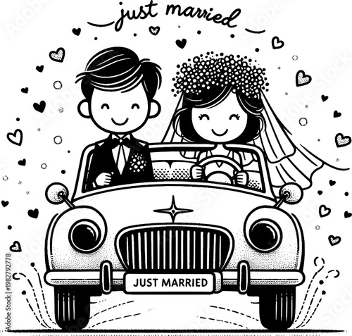 Newlywed Drive: A charming illustration captures the joy of a newly married couple, embarking on their life journey in a vintage car adorned with Just Married wishes.