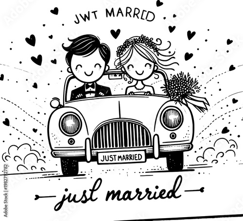 Just Married Couple in Vintage Car: A charming illustration captures a just-married couple joyfully cruising in a vintage car, adorned with Just Married signage and surrounded by hearts.