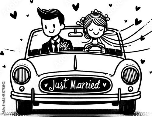 Love's Journey Begins: An illustrated couple embarks on their shared adventure in a vintage car, surrounded by floating hearts, celebrating their union and love.