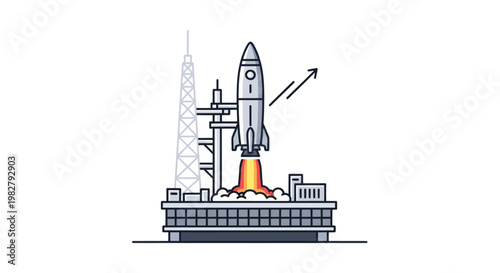 Rocket Launching From Launchpad with Upward Arrow Graphic