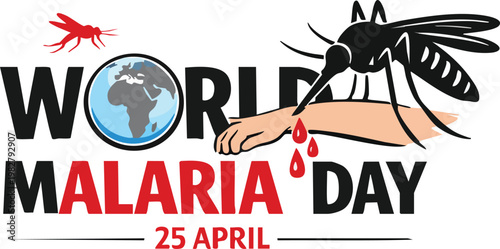 World malaria day poster design with mosquito biting human arm and globe icon