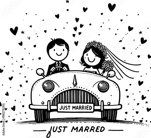  Wedding Couple Illustration: A charming illustrated image of a newlywed couple joyfully driving off in a vintage car, surrounded by floating hearts.