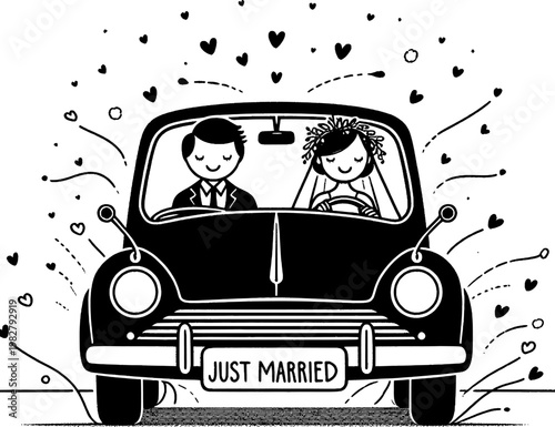 Newlyweds' Joyride: A whimsical illustration captures a newly married couple, beaming with happiness as they embark on their first journey together in a classic car.
