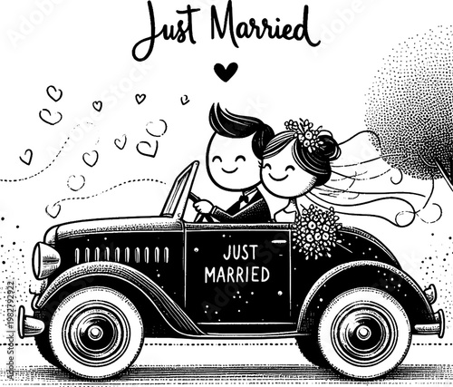 Just Married Joyride: A whimsical illustration depicts a newlywed couple embarking on their life's journey in a classic car, surrounded by the sweet symbols of love. 