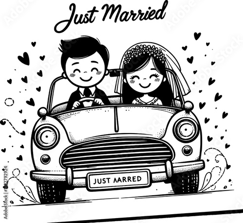 Just Married Joyride: A newlywed couple embarks on their joyous journey, riding in a charming car filled with love and anticipation, celebrating the start of their forever.