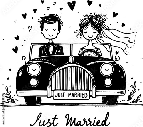 Just Married Couple's Joyride: A newly wedded couple, beaming with happiness, embarks on their first journey together in a classic vintage car, their love story unfolding.