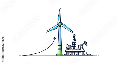 Renewable energy vs fossil fuels concept: wind turbine and oil rig on white background