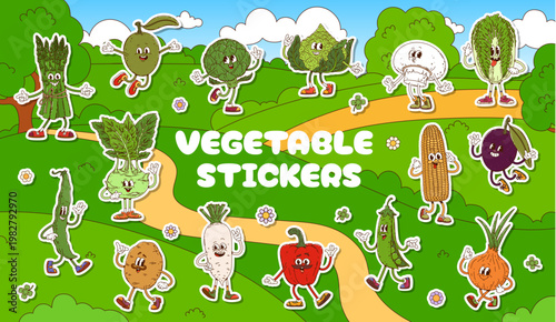 Groovy vegetable characters stickers of green pea, ripe eggplant, raw carrot, kohlrabi, smiling asparagus, corn cob, cheerful onion, mushroom, funky radish and other. Funky groovy vector vegetables