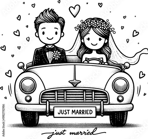 Just Married in a Vintage Car: A charming illustration captures the joy of a newlywed couple embarking on their journey together in a classic car, surrounded by floating hearts.