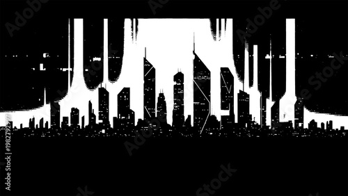 Bild auf Leinwand Glitchy cityscape with distorted skyscrapers and digital noise effects texture d