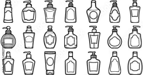 Black and White Line Art Collection of Various Soap Dispenser and Lotion Bottle Designs