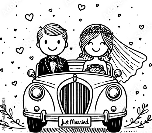 Wedding Journey: A joyful couple embarks on their shared adventure in a vintage car, surrounded by symbols of love and new beginnings, embodying the essence of a sweet wedding day.