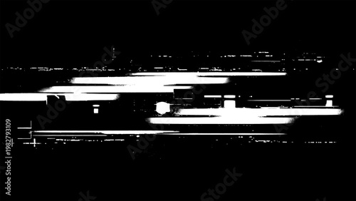 Glitchy black and white digital distortion effect with horizontal lines texture design isolated on transparent background
