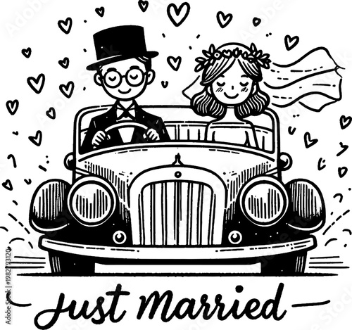 Newlyweds' Joyride: A whimsical illustration captures a joyous couple, fresh from their wedding, embarking on their first journey together in a classic car, surrounded by the sweet symbols of love.