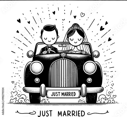 Newlyweds' Joyride: A charming illustration captures a just-married couple in a vintage car, setting off on their journey of love and togetherness with hearts and joy