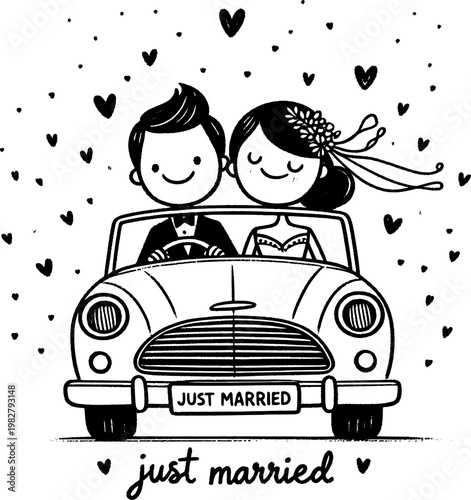 Just Married: A charming cartoon couple embarking on their journey in a classic car, surrounded by hearts. This illustration captures the joyous start of a lifetime together.