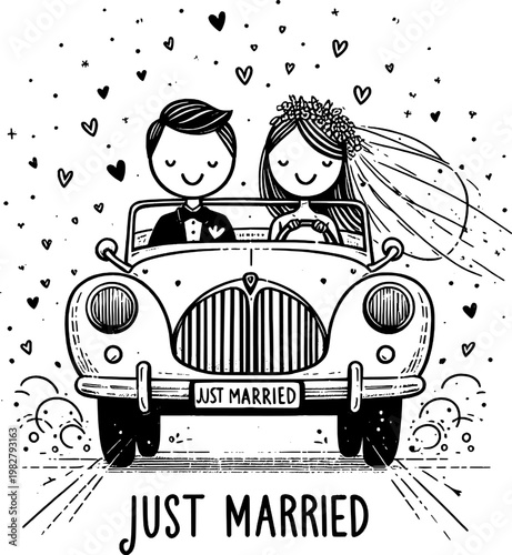 Newlyweds' Joy Ride: A charming illustration captures the delightful moment of a newlywed couple embarking on their journey together in a classic car, spreading love and happiness.