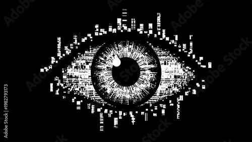 Glitchy eye with pixelated distortion on black background digital art texture design isolated on transparent background
