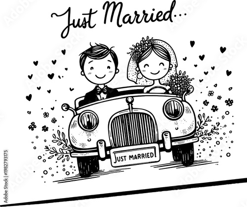 Just Married: Illustration of a joyous bride and groom embarking on their new journey in a vintage car, conveying pure happiness. 