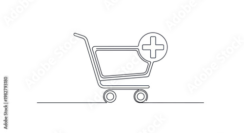 Shopping cart with plus icon, simple line art, e-commerce and add to cart concept.