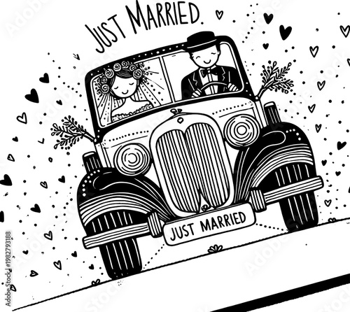 Just Married Bliss: A charming illustration captures a newlywed couple's joyful ride in a vintage car, celebrating their fresh beginning, filled with love and anticipation. 