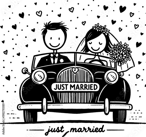 Wedding Day Delight: A joyful couple, hand in hand, embarks on a new chapter in their lives as they ride away together in a classic car, surrounded by the sweet symbols of love. 