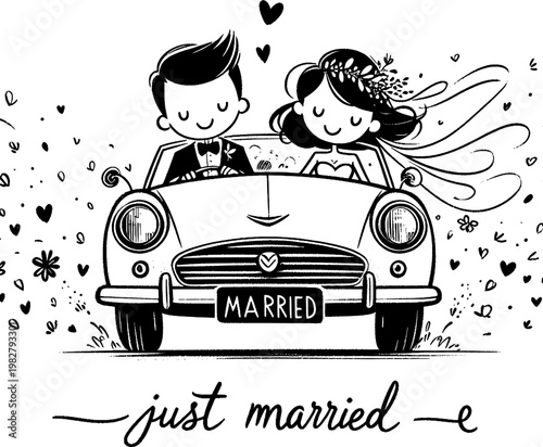 Just Married Bliss: A delightful cartoon couple embarks on their happily-ever-after journey in a classic car, spreading love and joy as they drive into the sunset. 
