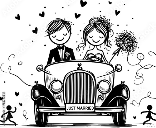 Just Married Couple in a Classic Car: A joyous bride and groom embark on their new journey, riding in a vintage car adorned with a Just Married sign, their hearts entwined with love and hope.