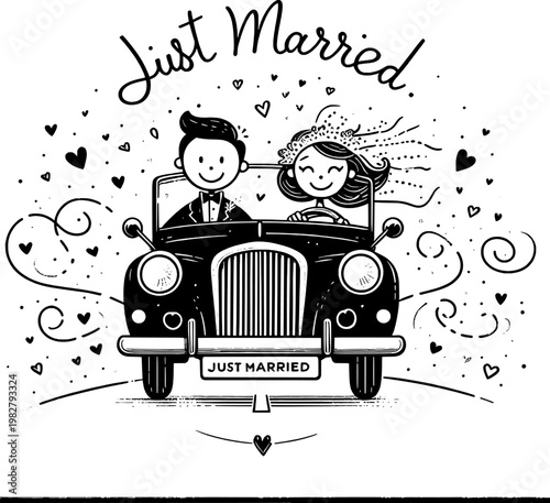 Newlyweds' Joyride: A whimsical illustration captures a joyous couple embarking on their life's adventure in a classic car, surrounded by hearts and the words Just Married.