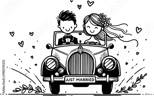 Wedding Day Ride: A newly married couple embarks on a joyful journey in a vintage car, the vehicle leading them towards a future of love and togetherness, celebrating the start of their new life.
