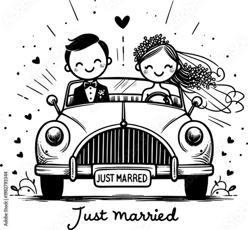 Just Married Car: A delightful cartoon illustration captures a newly married couple joyfully embarking on their journey in a classic car, symbolizing their shared adventure ahead.