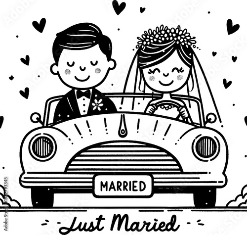 Newlyweds' Joy Ride: A charming illustration captures the joy of a just-married couple in a vintage car, setting off on their journey together with hearts and smiles.