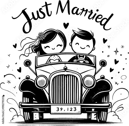 Newlyweds' Joyride: A whimsical illustration depicts a newly married couple, beaming with happiness, embarking on their life's journey in a classic vintage car.