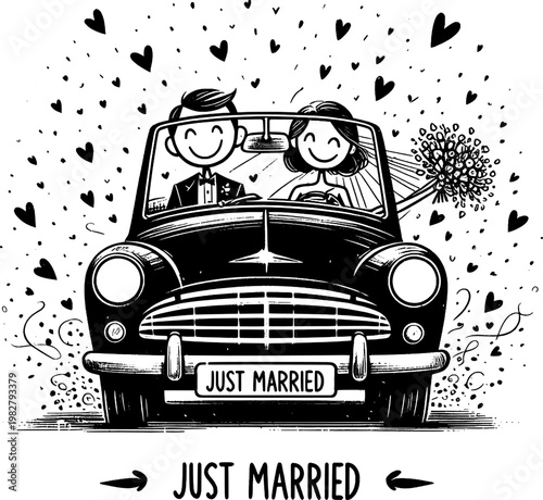 Newlyweds' Joyride: A whimsical illustration depicts a newly married couple, beaming with happiness as they embark on their first journey together in a classic car.